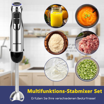 Aigostar Buckle - Stabmixer Set 4 in 1, Pürierstab Edelstahl 1000 W, Rührstab mit 6 Geschwindigkeiten, Zauberstab Mixer mit 600ml Messbecher, 500ml Lebensmittelhacker, 1 Schneebesen.