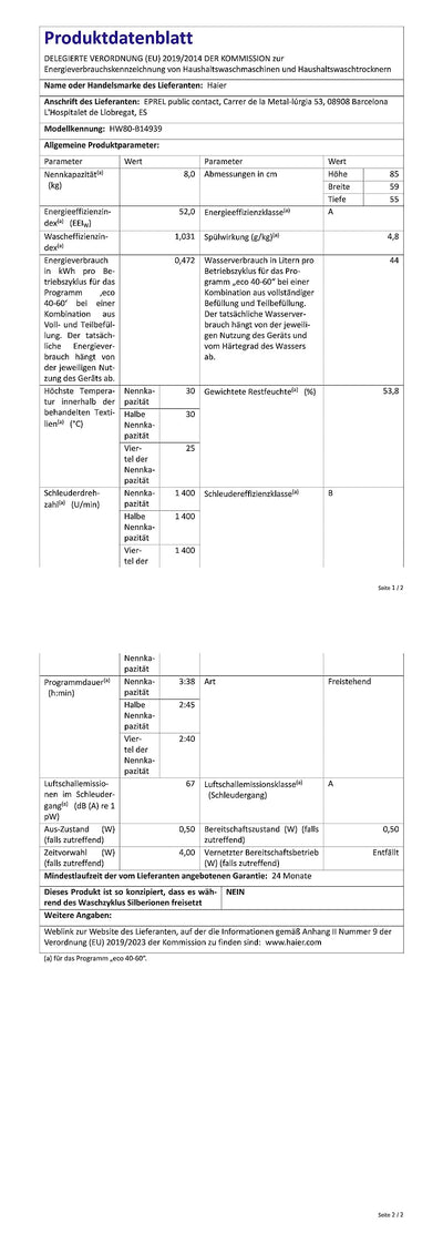 Haier I-PRO SERIE 3 HW80-B14939 Waschmaschine / 8 kg/A - beste Effizienz/Direct Motion Motor - absolut leise/Refresh-Dampfprogramm/ABT