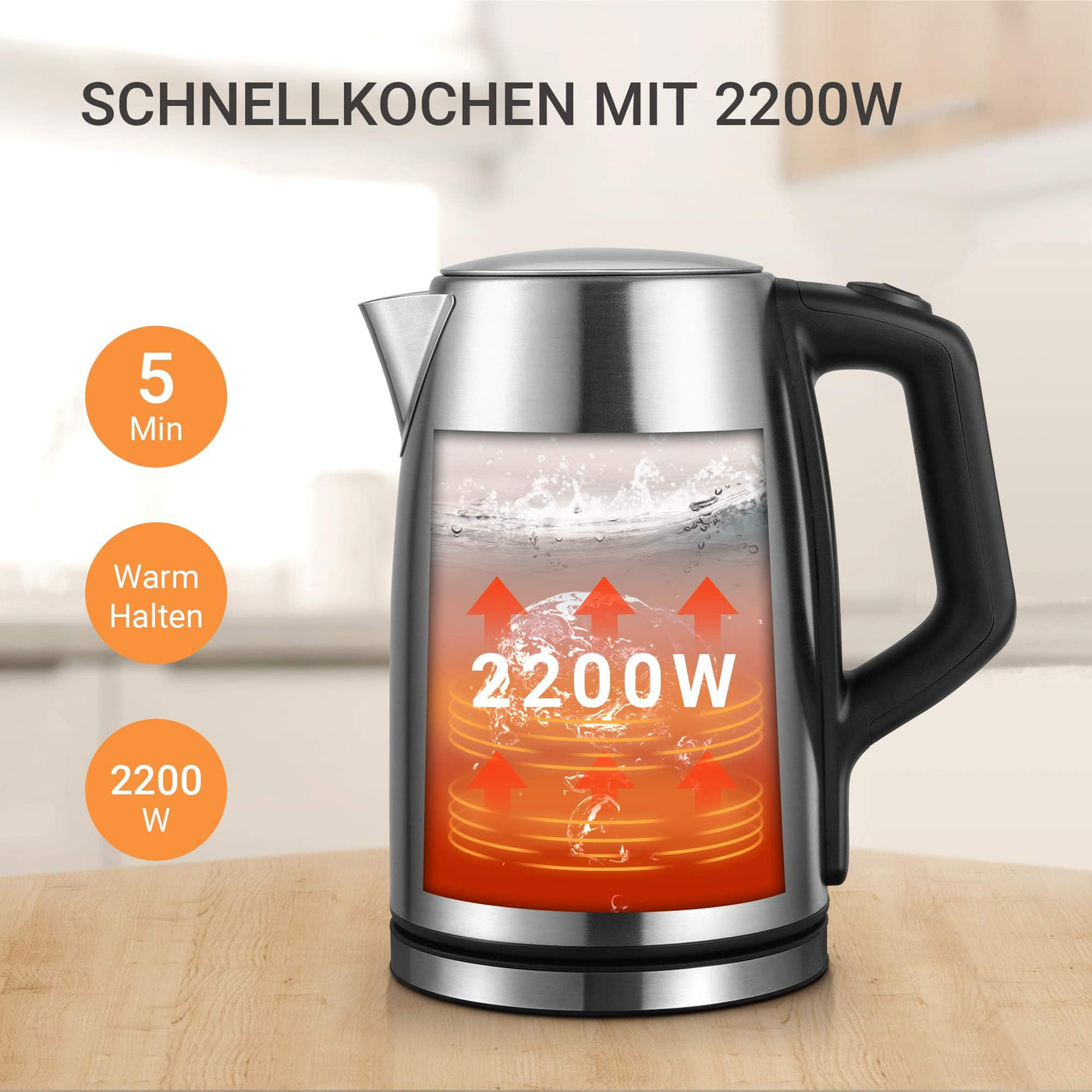 Midea Wasserkocher mit Temperatureinstellung (40, 60, 70, 80, 90, 100 Degree C),Edelstahl 1,7 Liter,Kettle 2200W mit Sichtfenster, Warmhaltefunktion für 60 Min