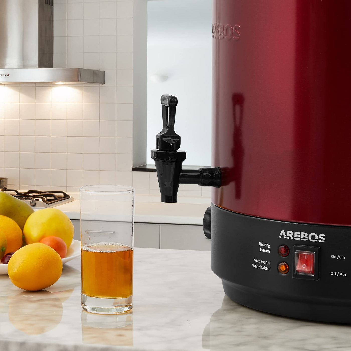 Conservateur Arebos 2500 W | Marmite à conserves 28 L | avec thermostat et protection contre la surchauffe | réglage continu de la température 30-110°C | fabricant de vin chaud | avec lève-bocal et entonnoir de conservation | Rouge