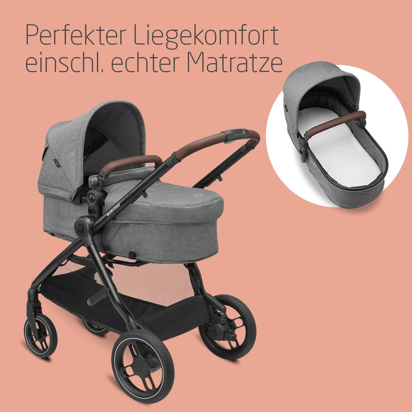 Maxi-Cosi Zelia S Trio Kinderwagen 3 in 1 Komplettset, 0-4 Jahre, bis 22 kg, Zusammenklappbar, Kompakt, Verstellbarer Baby Kinderwagen, mit CabrioFix S i-Size Babyschale, Zubehör, Wickeltasche, Grau