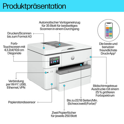 HP OfficeJet Pro 9730e A3-Multifunktionsdrucker (Drucken, Scannen und Kopieren bis A3), 3 Monate gratis drucken mit HP Instant Ink inklusive, HP+, Fax, WLAN, LAN, Duplex, Airprint, Grau-Weiß