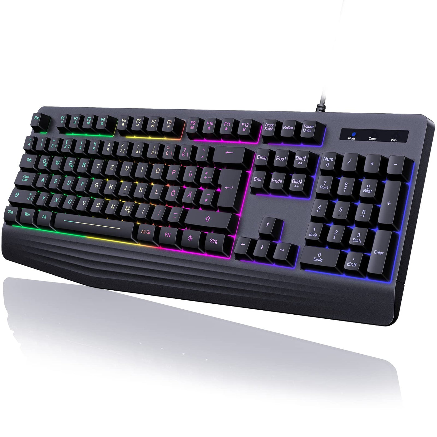 Gaming Tastatur PC, PS4 Tastatur USB, Regenbogen Beleuchtete Tastatur LED, Langlebig, Ergonomisch, Wasserdicht, Leise Tasten, Gaming Keyboard ideal für PC Mac Xbox PS4 Gamer|Büro（Deutsches Layout）