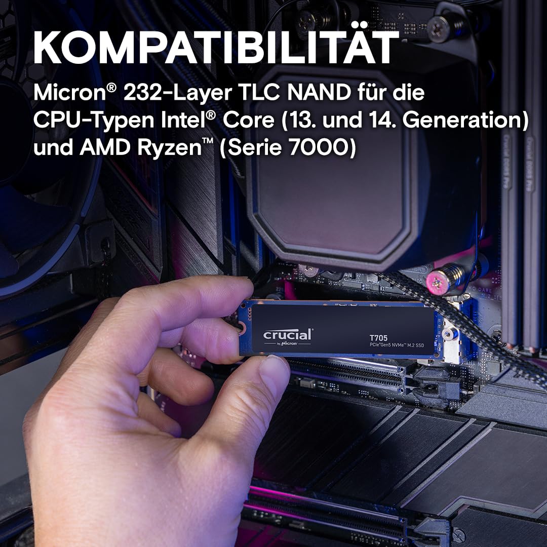 Crucial T705 2TB SSD PCIe Gen5 NVMe M.2 Interne SSD, bis zu 14.500MB/s, Microsoft DirectStorage, PCIe 4.0 abwärtskompatibel, Solid State Drive - CT2000T705SSD3