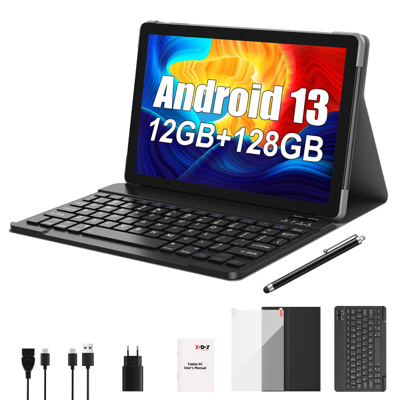 XGODY Tablet 10 Zoll Android 13 Tablet mit Tastatur 2,4G/5G WLAN 4-Core 2,0 GHz | 12 GB RAM + 128 GB ROM (TF 1 TB) | FHD | 5+13 MP Kamera | 7000 mAh | Bluetooth 5.0, Tablet PC – Grau