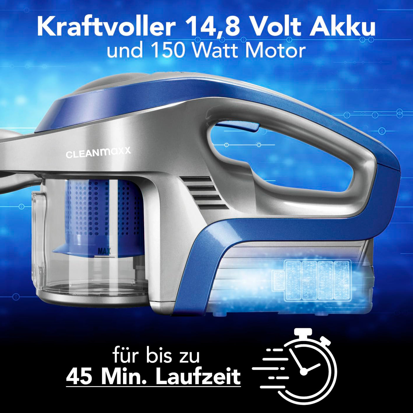 CLEANmaxx Akku-Zyklon-Staubsauger beutellos mit Akku | 2-in-1 Handstaubsauger, elektrisch rotierende Power-Rotation Düse | Energiesparen, 150 Watt [Blau/Grau]