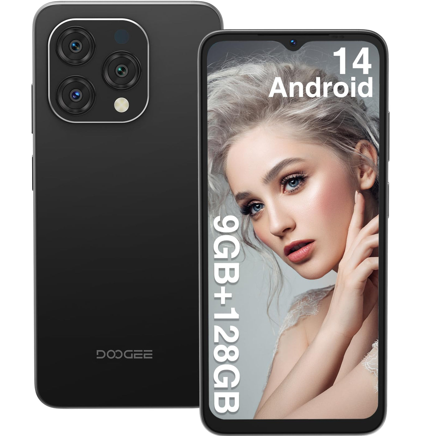 DOOGEE N55 (9GB+128GB) Android 14 Smartphone Ohne Vertrag, 6,56" HD+ 90Hz IPS Octa Core Handy Ohne Vertrag, 5150mAh-Akuu Handys, 13MP+8MP, Dual 4G SIM Simlockfreie Handys/5G WiFi/Face ID/Widevine L1