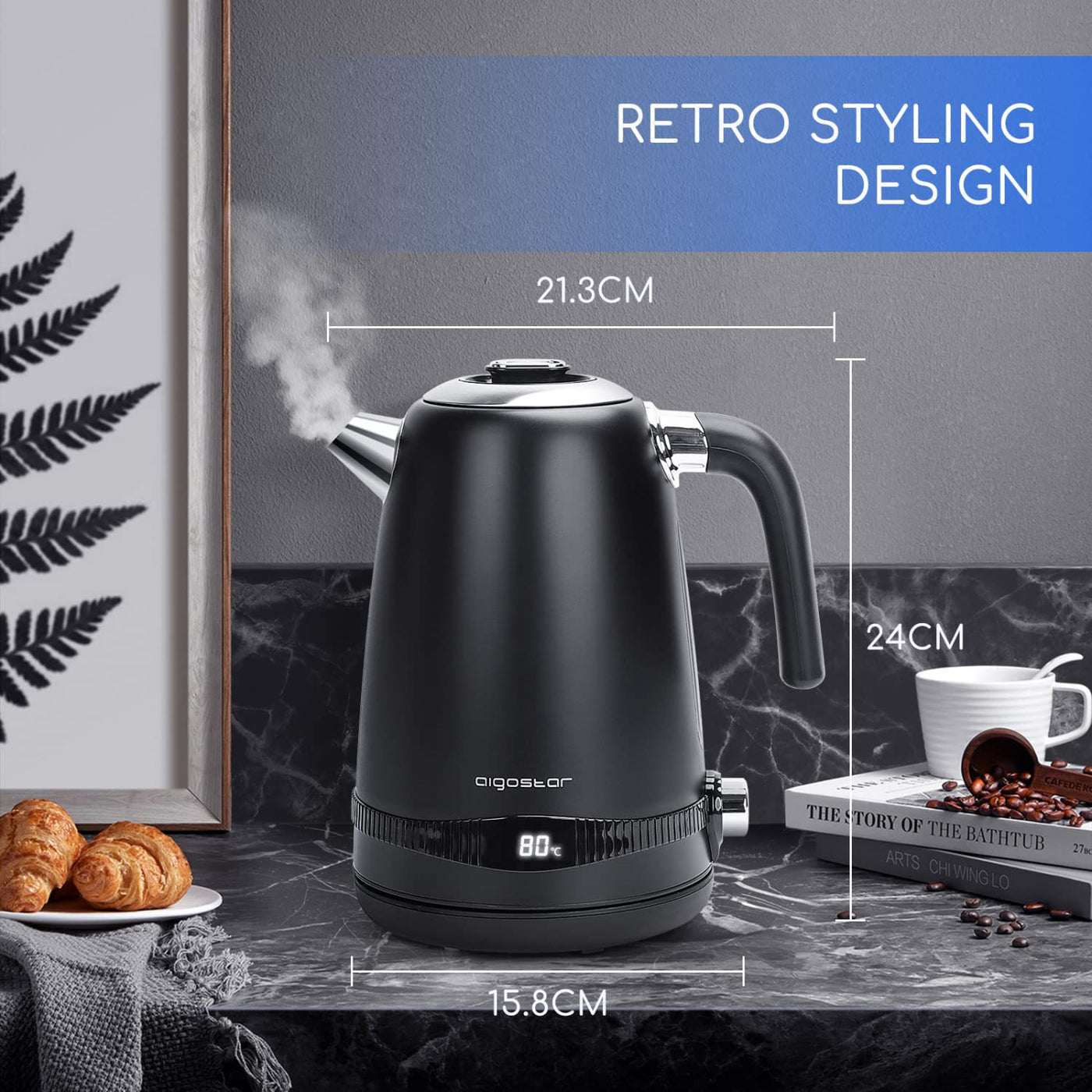 Aigostar Loki - Digitaler Edelstahl Wasserkocher mit Temperatureinstellung 40-100 Grad, Temperaturanzeige, Warmhaltefunktion, 1,7 Liter 2200W Electric Kettle Retro Teekocher, Schwarz