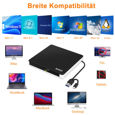 BUNUD Externes CD DVD Laufwerk USB 3.0 & Type-C DVD Laufwerk Extern mit 2 USB & SD/TF, Optical CD Laufwerk für Laptop Windows 11/10 PC Mac MacBook Pro Air