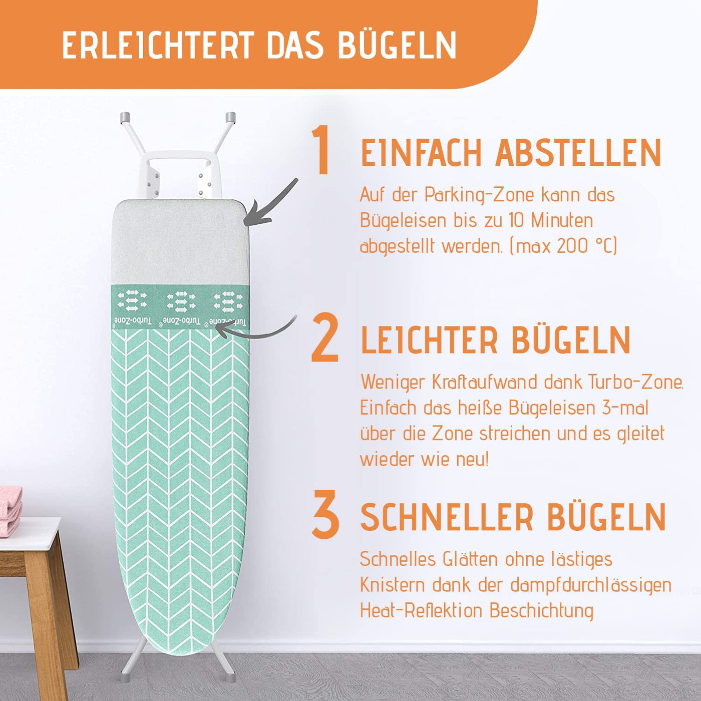 Buntes Brett ® Nur Bügelbrettbezug für Dampfbügeleisen (Größe L) | Universal bis max. 140x50 cm | Bügeltischbezug für schnelles und leichtes Bügeln | Made in EU | Dampfbügelstation geeignet | Mint