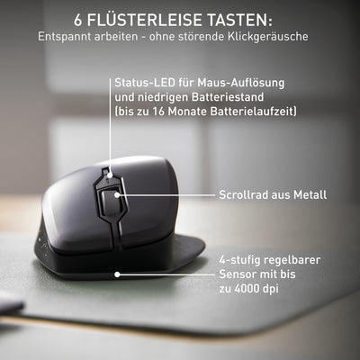 CHERRY STREAM MOUSE COMFORT, Kabellose Ergonomische Maus mit Gummierter Daumenauflage, Speziell für Rechtshänder, 2,4 GHz Funk, 6 Flüsterleise Tasten, Schwarz