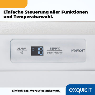 Exquisit Gefrierschrank NoFrost, Tiefkühlschrank groß, 194 Liter, Alarm-Funktion, 4-Sterne-Gefrieren, Schnellgefrieren, LED-Display, GS5271-NF-H-010D weiss