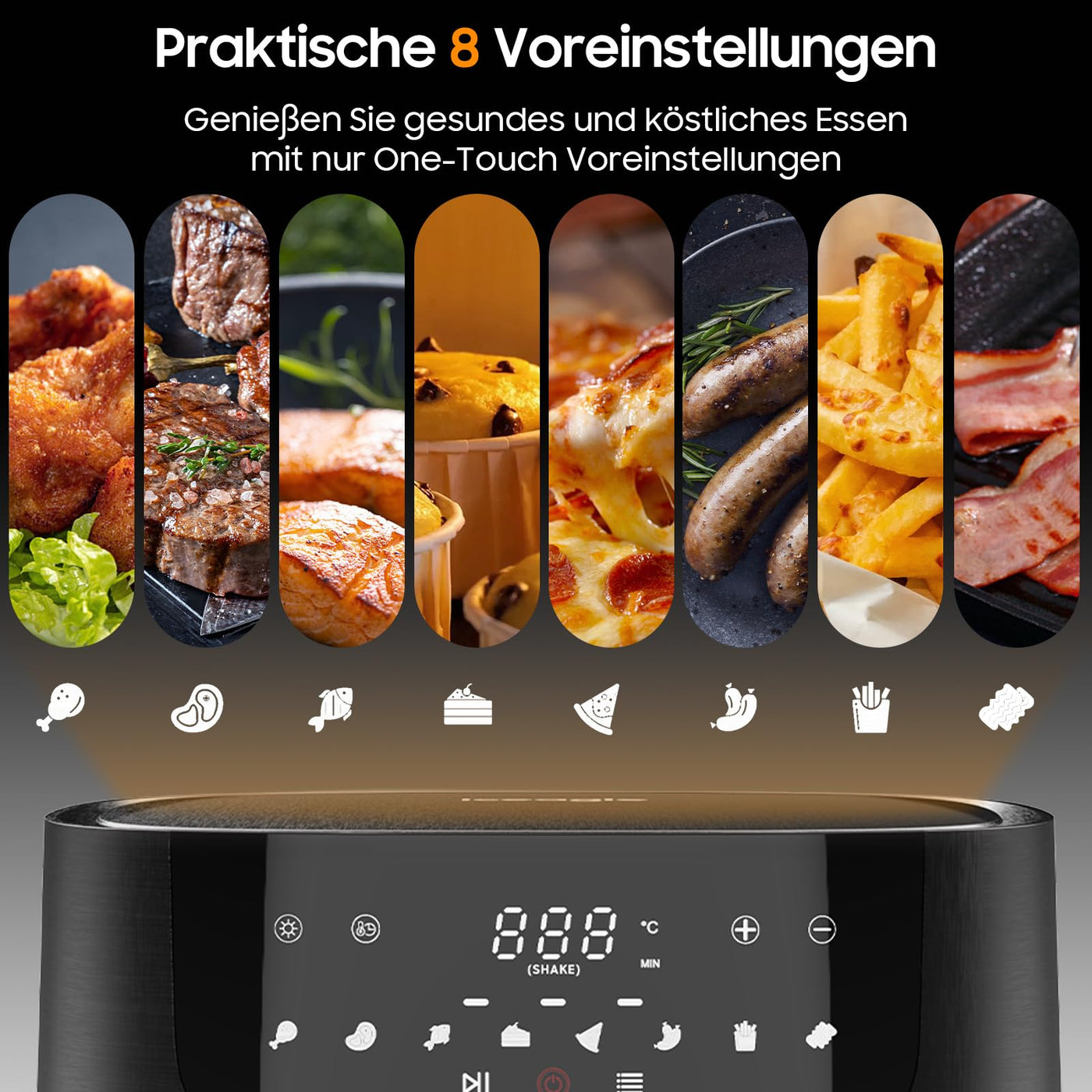 Iceagle Heißluftfritteuse XXL Air Fryer 9L - Heissluftfriteuse mit Großes Sichtfenster | Friteuse Airfryer ohne Öl mit Digitalem Led Touchscreen, 8 Programmen, Shake-Modus, 1800W, Rezeptbuch