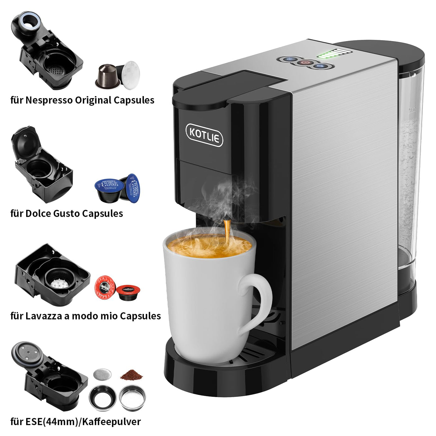 KOTLIE AC-513HF 5 in 1 Kaffeemaschine für Nespresso Original/Dolce Gusto/Lavazza a modo mio/Gemahlener Kaffee/ESE(44mm), Höhe für große Tassen (Schwarz)