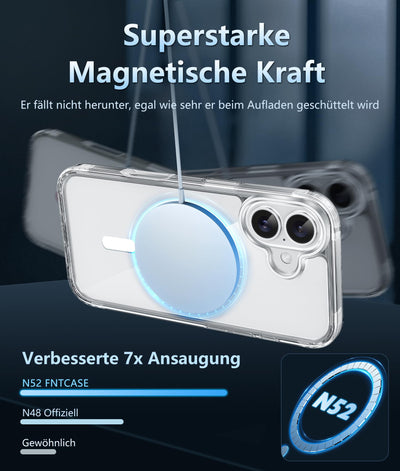 FNTCASE für iPhone 16 Klar Hülle: Magnetisch Militärischen Grad Fallschutz Anti Vergilbung Schlankes Hülle - Robuste Stoßfeste Schützende Transparente Handyhülle - 6,1 Zoll (2T-Klar)