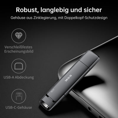 SSK USB C Externe SSD 128GB, mit bis zu 550 MB/s Extreme schneller USB-Stick, Dual-USB Typ C + USB A USB3.2 Gen2 Speicherstick für Android-Telefon, Laptop, Tablet, Mac