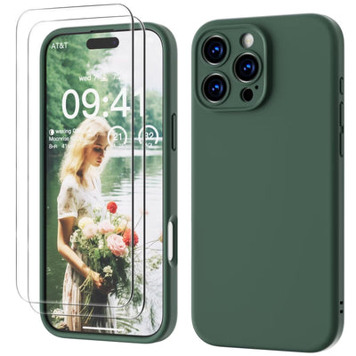 GOODVISH 3 in 1 für iPhone 16 Pro Hülle mit 2 Stück Schutzfolie, Liquid Silikon Handyhülle [Upgraded Kameraschutz] Soft Mikrofaserfutter Kratzfest stoßfeste Schutz Case für iPhone 16 Pro 6.3", Grün