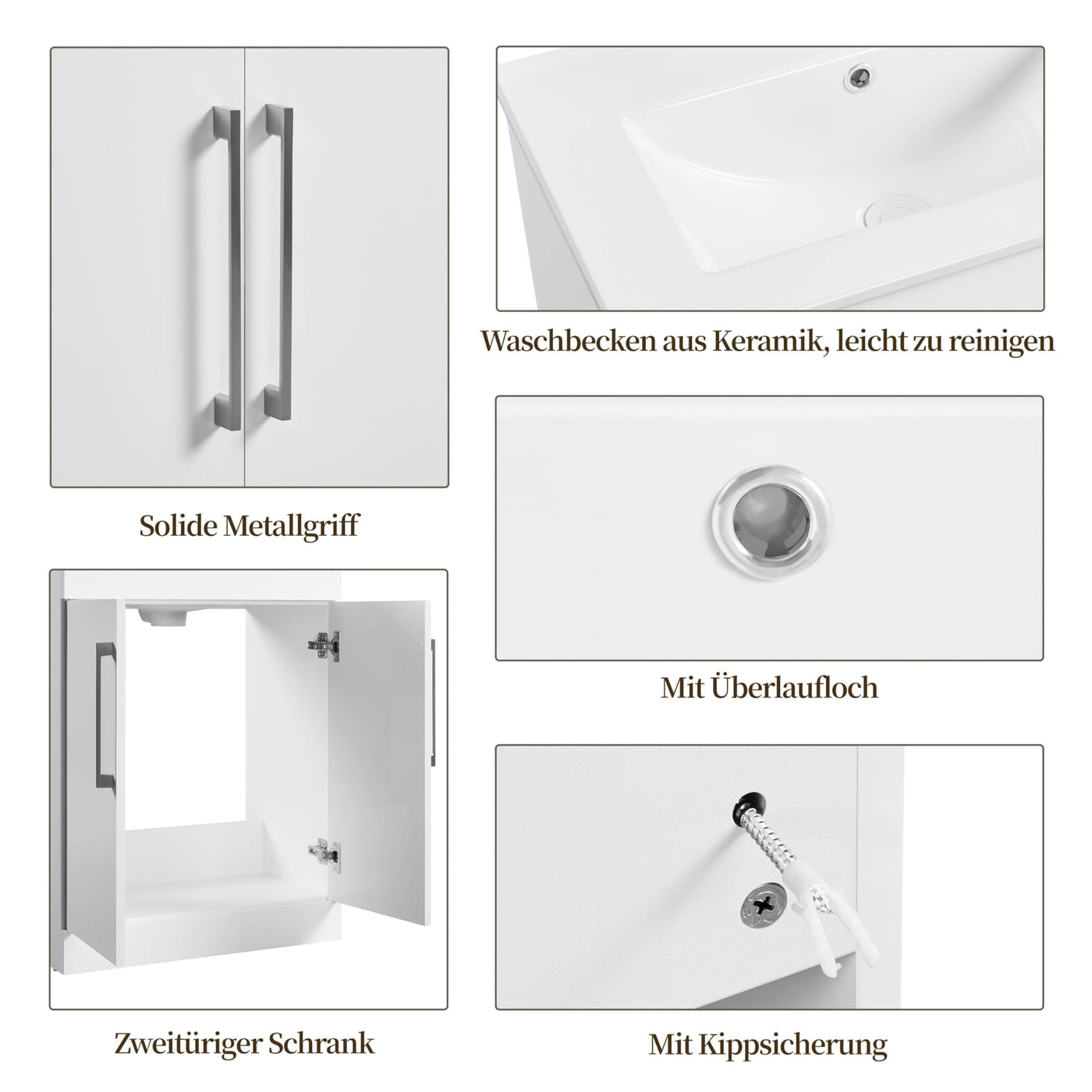 Yaheetech Waschbeckenunterschrank Badmöbel 2er Set Waschbecken mit Unterschrank Badezimmerunterschrank Badschrank mit Waschbecken Keramikbecken Waschtisch mit Viel Stauraum, weiß