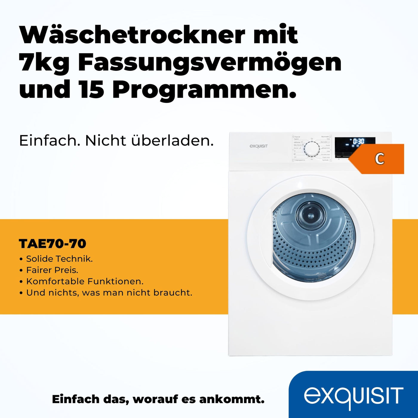 Exquisit Wäschetrockner 7kg, Trockner, Startzeitvorwahl, Knitterschutz, Ablufttrockner, 15 Programme, Kindersicherung, Energieklasse C, TAE70-70 weiss