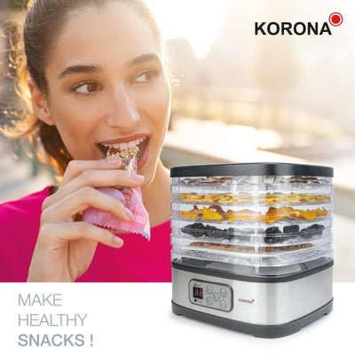 Korona 57011 Dörrautomat mit Müsliriegelform | 5 Ebenen | Trocknet Früchte, Fleisch, Fisch, Kräuter | Timer 8-72 Std. | Silikonform für Müsliriegel | BPA-frei | LED-Display