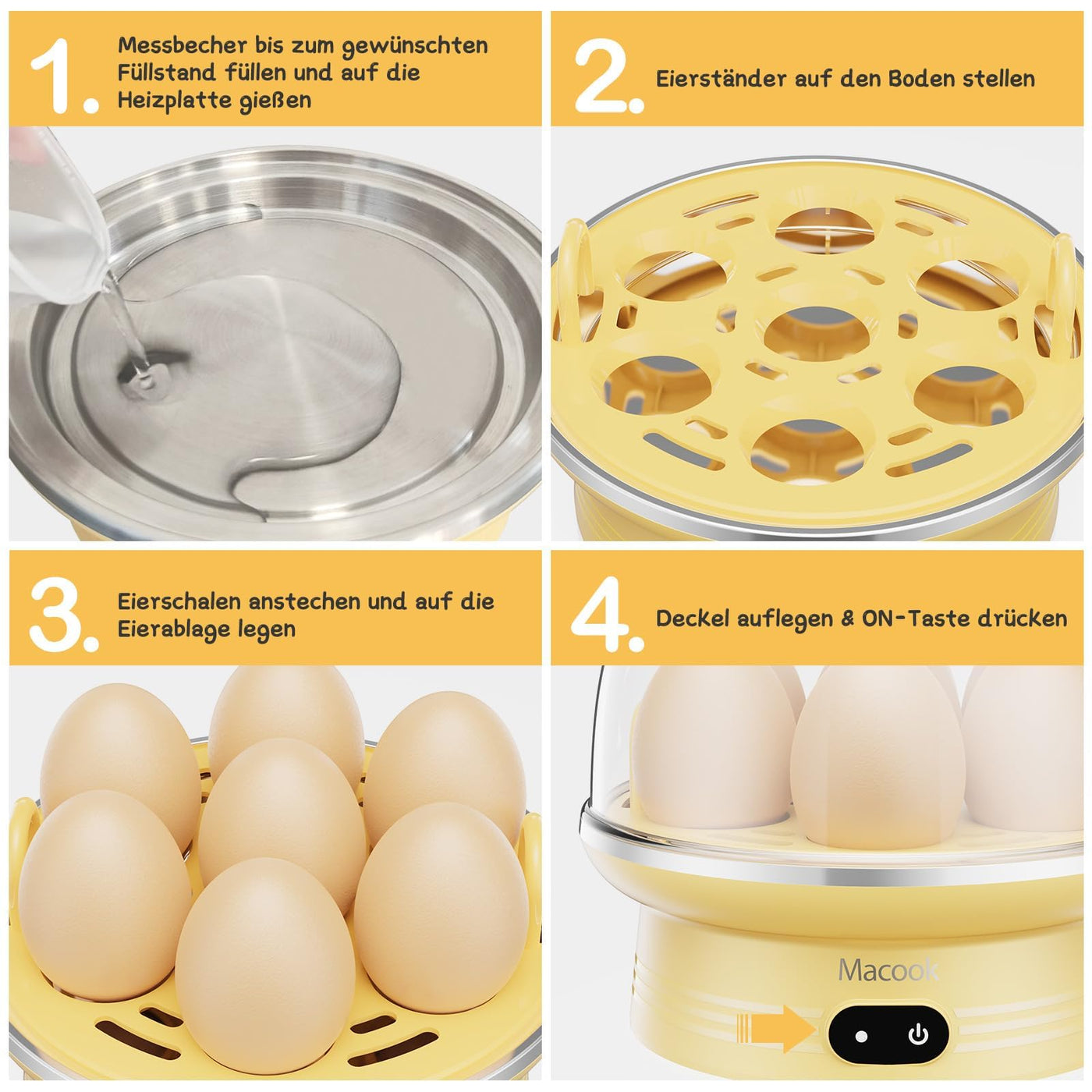 Macook Eierkocher für 1-7 Eier, Eierkocher Testsieger, Egg Cooker Computergesteuerte Kontrolle, Egg Boiler mit LED Touchscreen, BPA-frei, 350W, Gelb