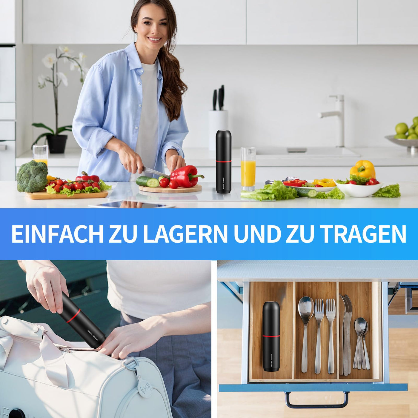 AIRMSEN Vakuumiergerät Klein, Handvakuumierer mit 40 kPa Saugkraft, inklusive 11 Vakuumbeutel & 2 Weinverschlüsse, ideal für Zuhause, Reisen, Camping und zur Lebensmittelkonservierung