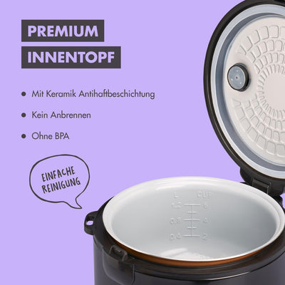 REISHUNGER Reiskocher & Dampfgarer mit Keramikbeschichtung - 1,2L, Schwarz - Für 1-6 Personen - Schnelle Zubereitung ohne Anbrennen - Mit Warmhaltefunktion inkl. Dämpfeinsatz, Löffel & Messbecher