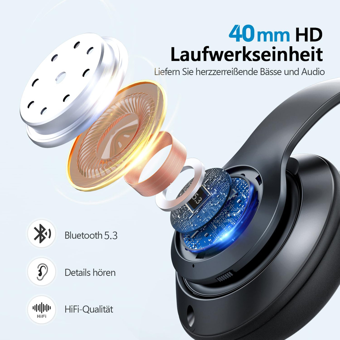 Lankey Sound 9S Kopfhörer Kabellos Bluetooth, Bluetooth Kopfhörer Over-Ear mit 65 Stunden Spielzeit, kabellose Kopfhörer mit 6 EQ-Modi, HiFi Stereo Kopfhörer mit Mikrofon für Handy/PC/Studium, Schwarz