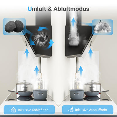 Dunstabzugshaube 90cm, IsEasy Kopffreiheit Dunstabzugshaube mit 578 m³/h Starker Saugleistung, 3 Einstellstufen, Berührungssteuerung, Umluft- und Abluftmodus, 58 dB, Schwarz, Effizienz A++