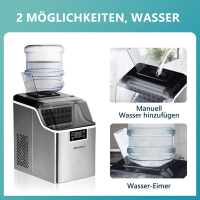 EUHOMY Eiswürfelmaschine Edelstahl, 24 Eiswürfel in 13 Minuten, 24kg/24H Eiswürfelmaschine gastro, selbstreinigender 3,2L Eisbereiter mit Eisschaufel und Korb für Zuhause/Küche/Büro/Bar/RV