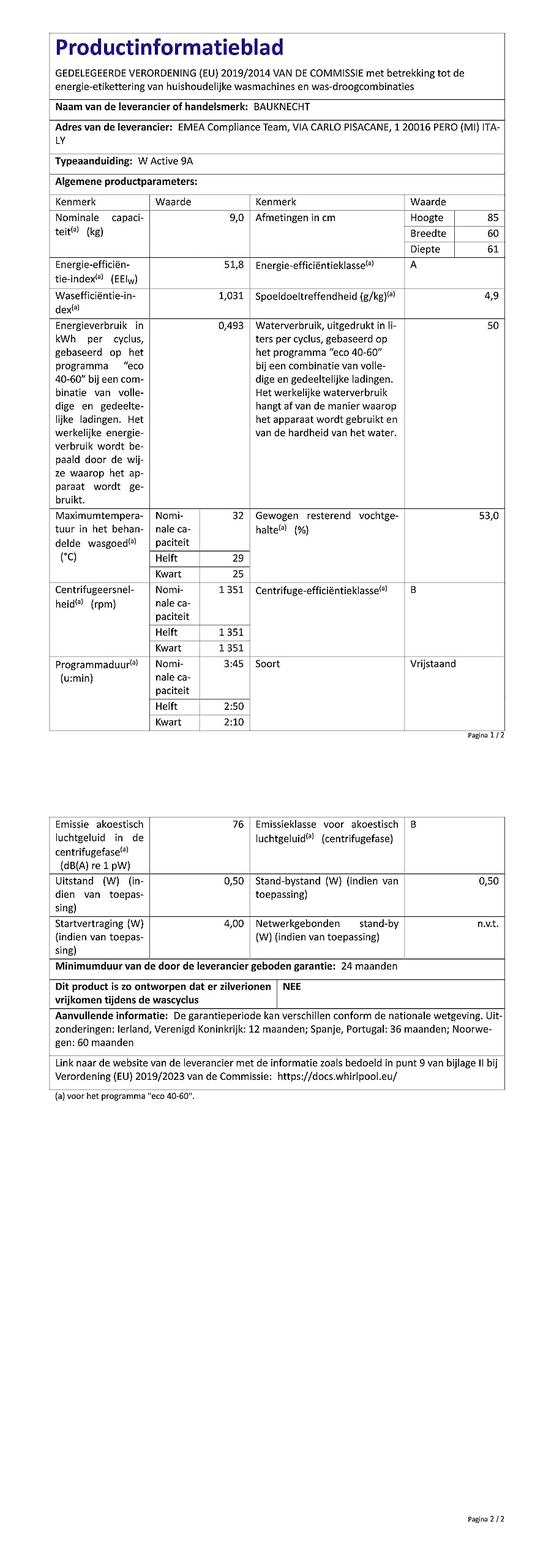 Bauknecht W Active 9A Waschmaschine Frontlader / 9kg / EEK A/Active Care - kraftvolle Fleckentfernung/Dampf Programme/Steam Hygiene Option/Wolle-Programm/Stopp&Add Funktion, Weiß