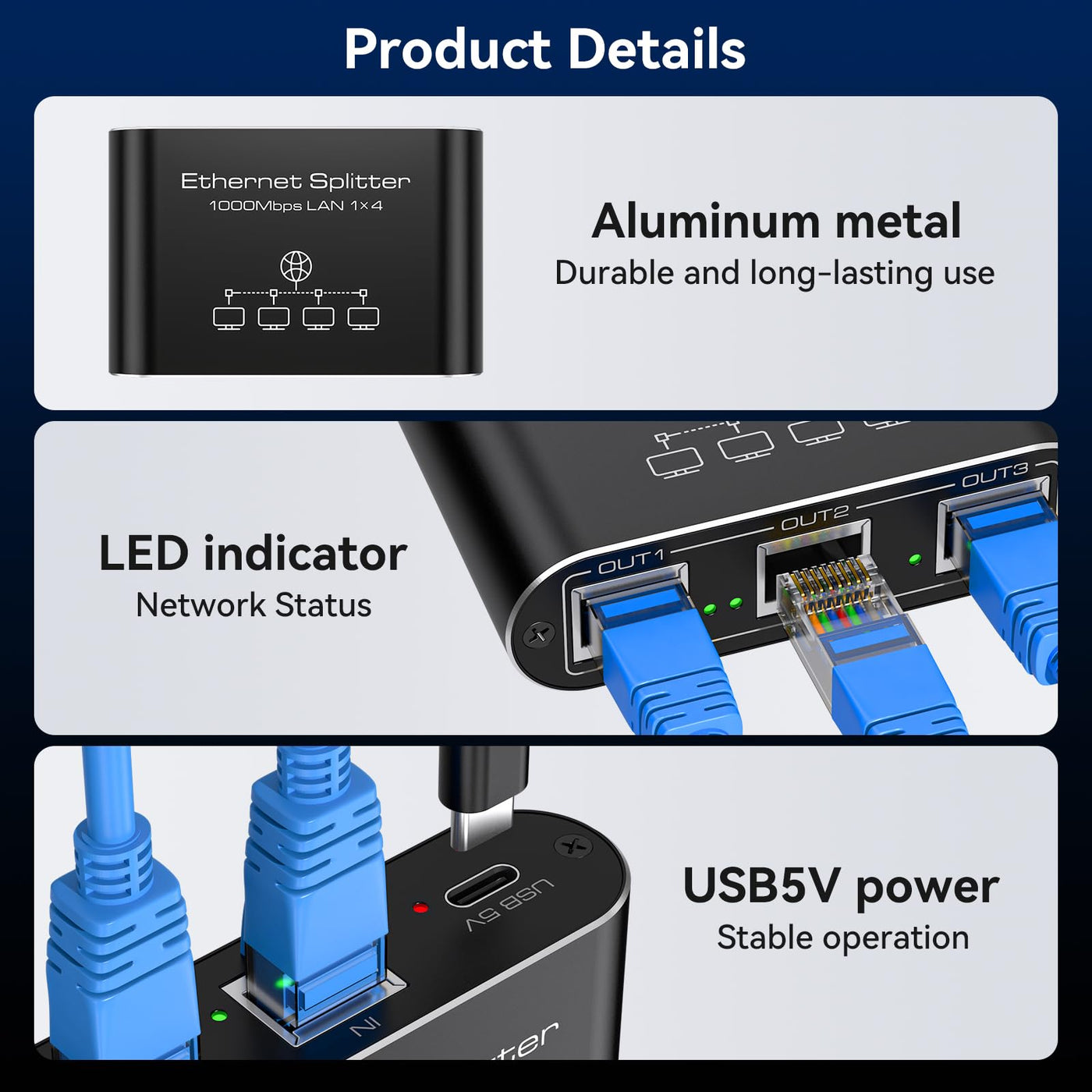 VEDINDUST LAN Splitter 1 Auf 4 1000Mbps Aluminium Netzwerk Switch Gigabit Ethernet Verteiler für Computer, Hubs, Router, Set-Top Box Mit USB-C Netzkabel