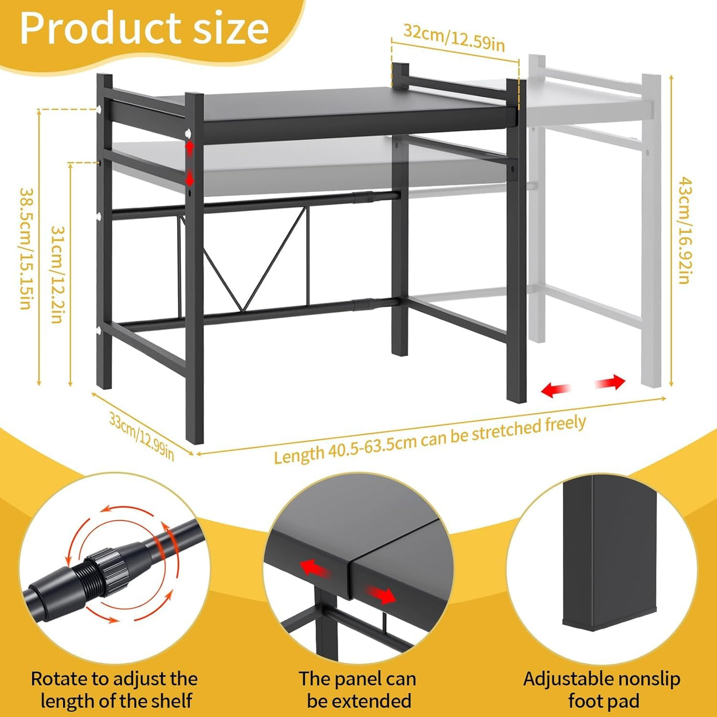 DIDUDE Mikrowellen Regal Ausziehbarer 2-stufiges,Stehend Mikrowellenregal mit 4 S-Haken,Platzsparendes Küchenregal, Praktisches küchenregal für küchenregal arbeitsplatte, küchenorganizer,Schwarz