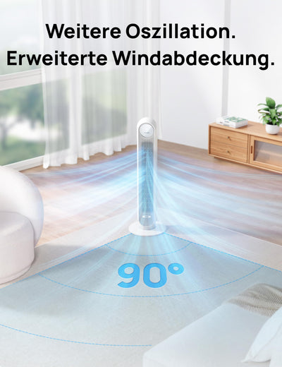 Dreo 28dB Leiser Turmventilator, 7,3m/s Geschwindigkeit 4 Geschwindigstufen 4 Modi 8 Std. Timer 90° oszillierende Ventilatoren mit Kühlung Fernbedienung für Schlafzimmer, Nomad One,Weiß