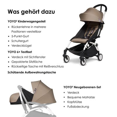 BABYZEN YOYO2 Kompletter Kinderwagen - Inklusive YOYO 0+ Neugeborenen Set (Taupe), Kinderwagengestell (White) & 6+ Textilset (Taupe) - für Kleinkinder bis 22 kg