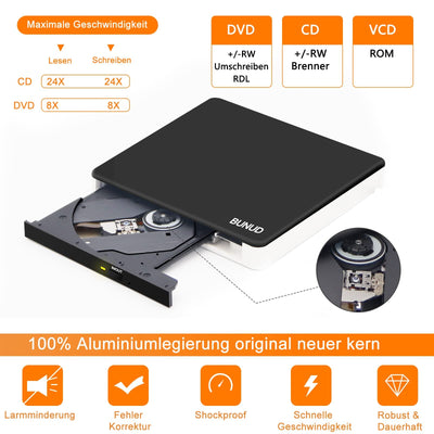 BUNUD Externes CD DVD Laufwerk USB 3.0 & Type-C DVD Laufwerk Extern mit 2 USB & SD/TF, Optical CD Laufwerk für Laptop Windows 11/10 PC Mac MacBook Pro Air