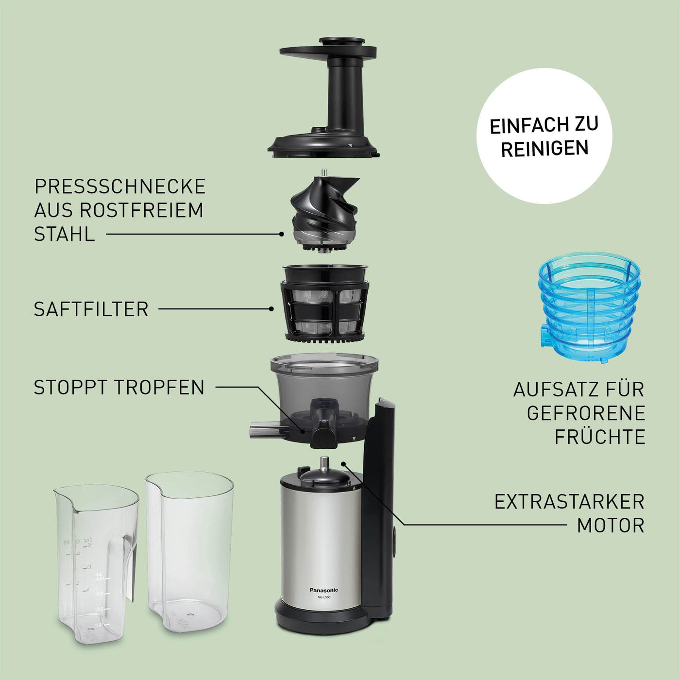 Extracteur de jus lent Panasonic MJ-L500S / Extracteur de jus / 2 compartiments pour jus et ingrédients surgelés / Yaourt glacé / Argent