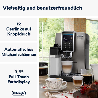 De'Longhi Dinamica Plus ECAM 372.95.TB Kaffeevollautomat mit LatteCrema Milchsystem, Cappuccino und Espresso auf Knopfdruck, Touchscreen Farbdisplay, Appsteuerung, Kaffeekannen-Funktion, Titan/Schwarz