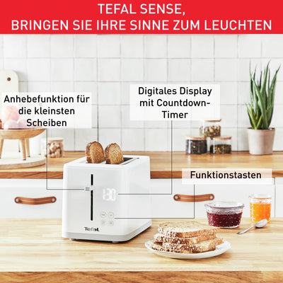 Tefal TT6931 Sense Toaster | 7 Bräunungsstufen | Digitaldisplay | Countdown | Aufwärmen/Auftauen | Krümelschublade | Stopp-Taste | Weiß