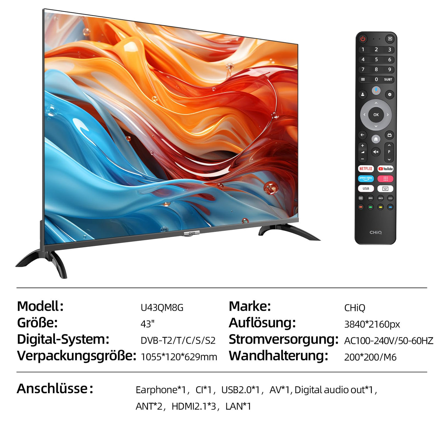 CHIQ 43 Zoll Smart TV QLED 4K Google TV, Rahmenloses, Dolby Audio, Google Play, WLAN TV 2,4G/5G, Trible-Tuner, HDMI 2.1, USB2.0, U43QM8G