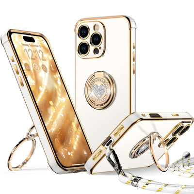 XYZ für iPhone 16 Pro Max Hülle mit Band, Herz Doppelring Ständer HandyHülle Handykette Frauen Mädchen Dünn Stoßfeste Anti-Kratzt SchutzHülle für iPhone 16 Pro Max Case, Weiß