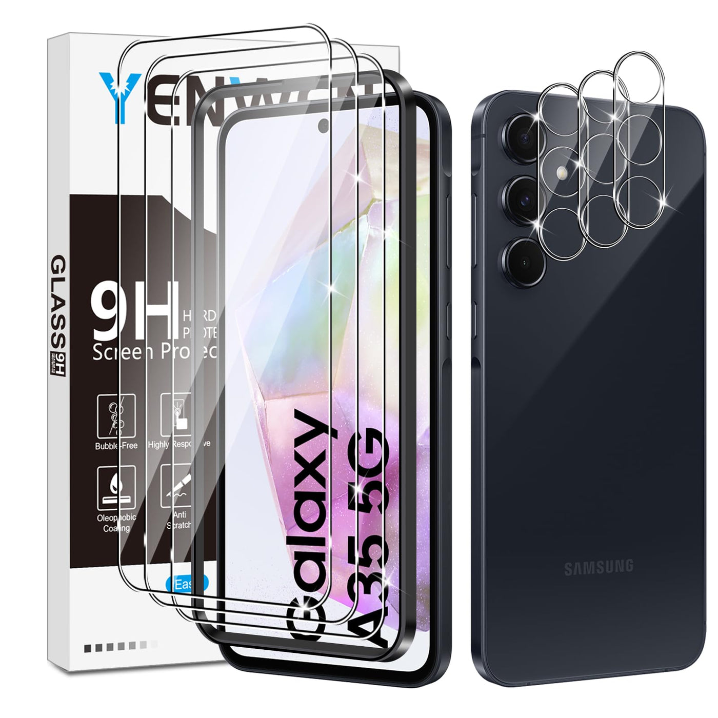 Yenwen Schutzfolie für Samsung Galaxy A35 5G für Panzerglas, 3 Stück Panzerfolie mit 3 Stück Kameraschutz, 9H Härte Handy Panzer Schutzglas Anti- Kratzer HD Klar Displayschutz