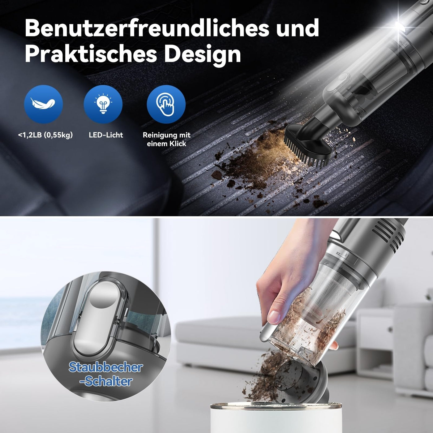 SIMWAL Auto Handstaubsauger Akku Kabellos - 9500PA stark tragbar Mini Staubsauger - 30Min Laufzeit USB aufladbar Autostaubsauger mit Waschbar HEPA Filter LED Beleuchtung für Haus, Küche, Büro