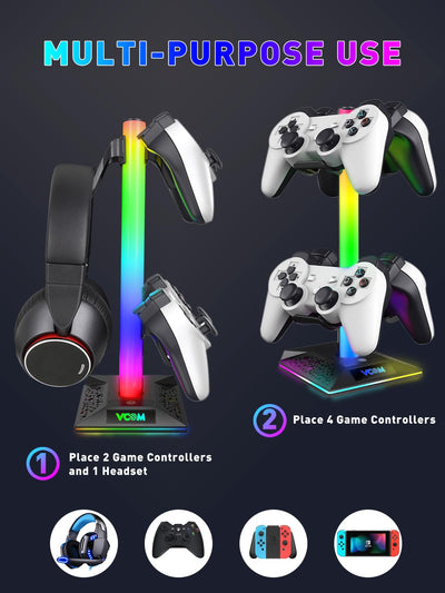 VCOM RGB Gaming Kopfhörer Ständer mit 10-Licht Modi, Controller Halter mit 2 USB Ports, PC Gaming Zubehör für Schreibtisch, Universal Speicher Organizer Headpsets/Xbox PS5 Controller/Switch/Handy