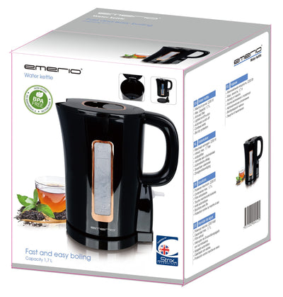 Emerio WK-125130 Wasserkocher, 1.7 Liter, 2200 Watt, BPA frei, Heizelement aus Edelstahl, Wasserstandsanzeige, Auto-Off, Trockengehschutz, schwarz/gold