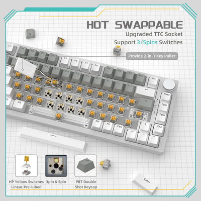 YINDIAO Ajazz AK820 Mechanische Tastatur mit Knopf,75% ANSI-Layout,81 Tasten,Kabelgebundene Gaming-Tastatur,Verbesserte Dichtungsmontage,Hot-Swap Roter Schalter,Eisweißes Licht,für PC,MAC (Weiß&Grau)