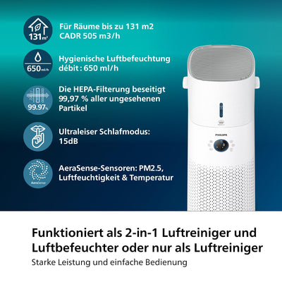 Philips 3000 Series 2-in-1-Kombigerät für Luftreinigung und -befeuchtung, 131 m2, NanoProtect HEPA- und Aktivkohlefilter entfernt 99,97% aller unsichtbaren Partikel, Weiß (AC3737/10)