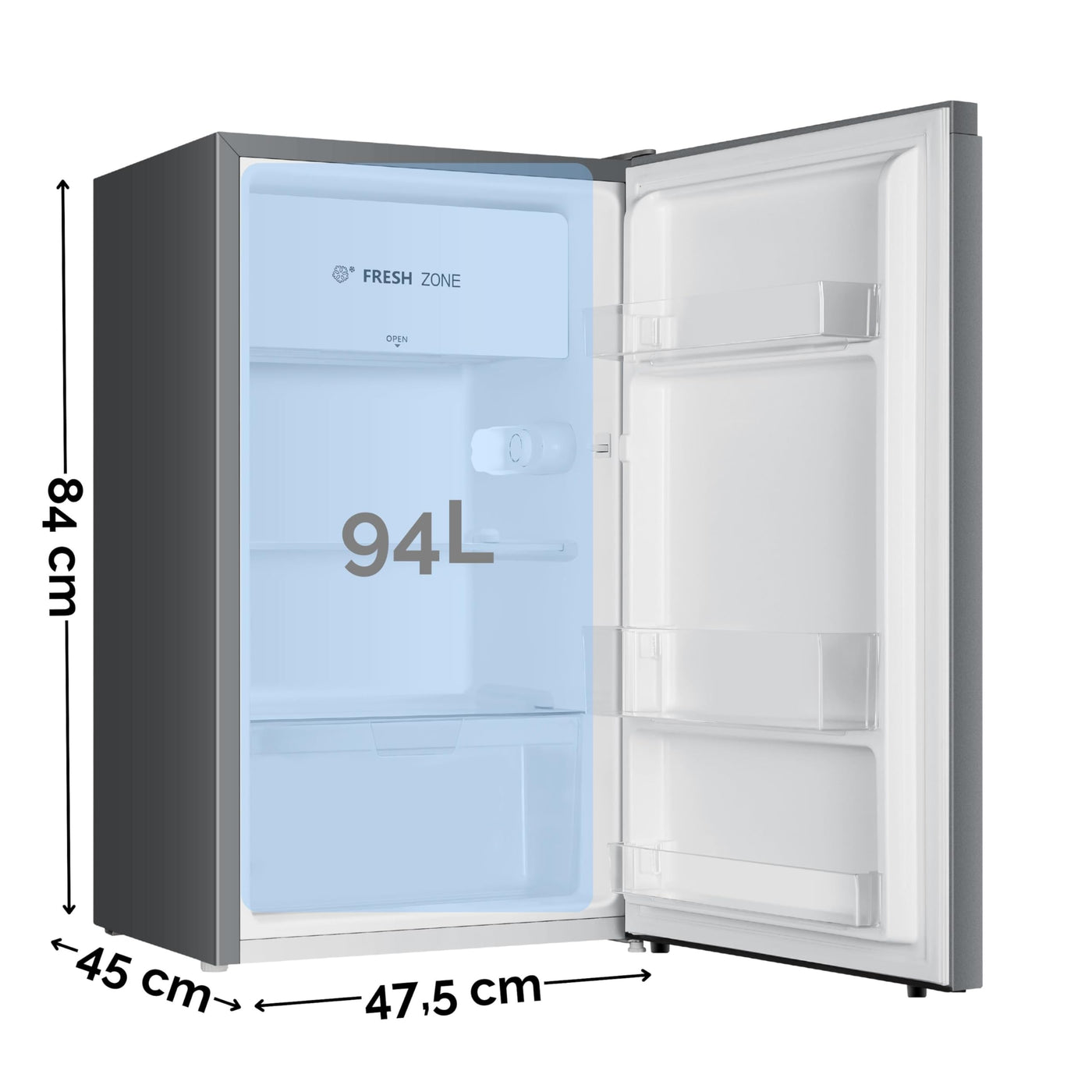 YUNA Kühlschrank SEREBRO E mit Fresh Zone/ 94L Nutzinhalt/Vollraumkühlschrank/ 84 cm hoch/ 86 kWh/Jahr/Türanschlag wechselbar/Leiser Betrieb 36 dB/Silbern