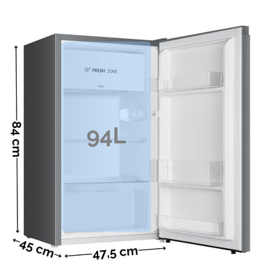 YUNA Kühlschrank SEREBRO E mit Fresh Zone/ 94L Nutzinhalt/Vollraumkühlschrank/ 84 cm hoch/ 86 kWh/Jahr/Türanschlag wechselbar/Leiser Betrieb 36 dB/Silbern