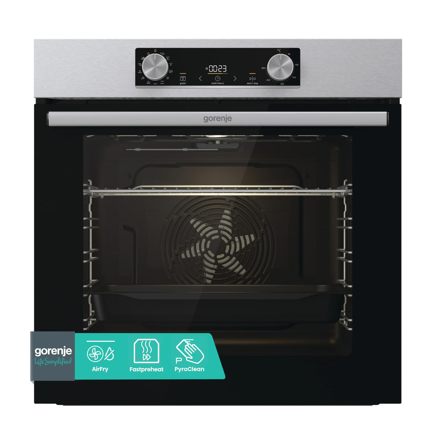 Gorenje BOP6737E02XK Einbaubackofen, 77 Liter, 60CM, Heißluft, EcoClean-Email, Air Fry, Aushängbare Glas-Backofentür, Fast Pre-heat, PyroClean, Abnehmbare Glastür, Max. Ofentemperatur 300 °C